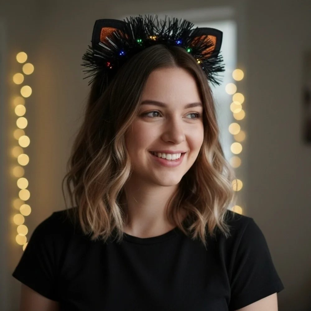 Scünci Halloween Women's Black Cat Ear Headband with Lights (New)